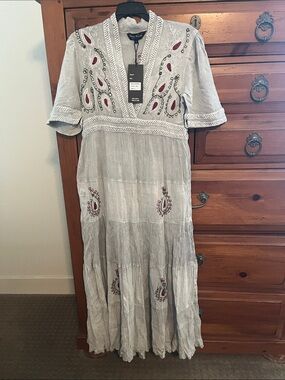 Young Threads Light Gray Embroidered Maxi Dress with Red Paisley Detail NWT